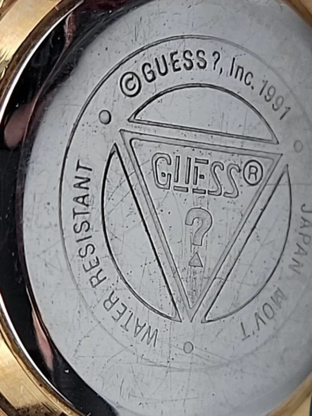 Vintage 1991 GUESS Watch Gold Tone Black Dial Burgundy Leather Strap 26mm 6.5
